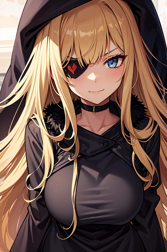 ((masterpiece)), ((best quality)), 1girl, adult, long hair, big bust, ((blonde hair)), very long blonde hair, ((intimidant look)), ((close-up)), profile image, green eyes, black and red clothes, sexy, dark colors, brillant eyes, ((coat with fur)), ((wavy hair)), exposed skin, ((sexy pose)), ((intimidant look)), good anatomy, ((dark sage clothes)), ((straight cut bangs)), emotionless, intimidant, ((beautiful eyes)), dark background, close up, ((detailed eyes)), beautiful eyes, ((detailed face)), hair bang, frontal look, evil, relaxed, smile, magical goddess othinus, abs, detailed face, eyepatch, huge tits, full body, ((detailed))
