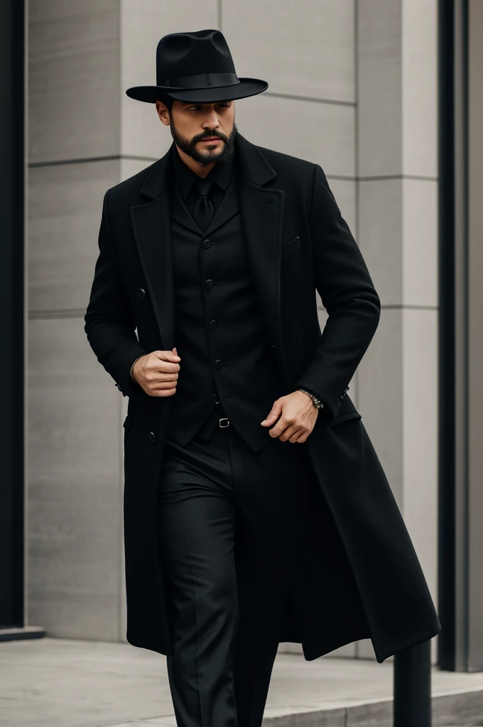 a man wearing a black hat, black coat and black pants