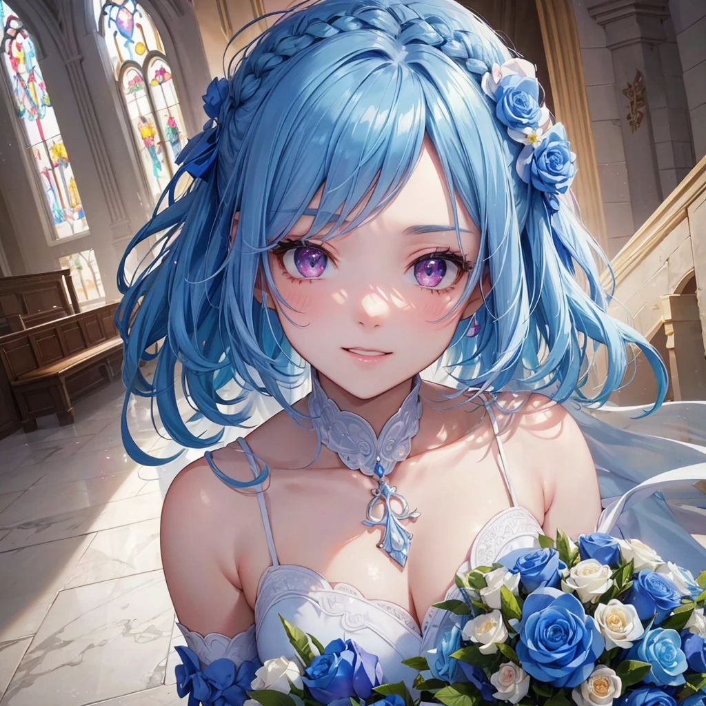 Sky blue hair, (Braided Ponytail),(Pink Eyes),Fair skin ,(whole body),(One girl),bride,A big smile,Straight bangs, 6月のbride,Wedding dress,(masterpiece, Highest quality, Very detailed, Best Shadow), (Detailed Background), (Beautifully detailed face), High Contrast, (Best lighting, Very delicate and beautiful), ((Cinematic Light)), colorful, Hyper Detail, Dramatic Light, Intricate details,Chapel background,Bouquet of roses