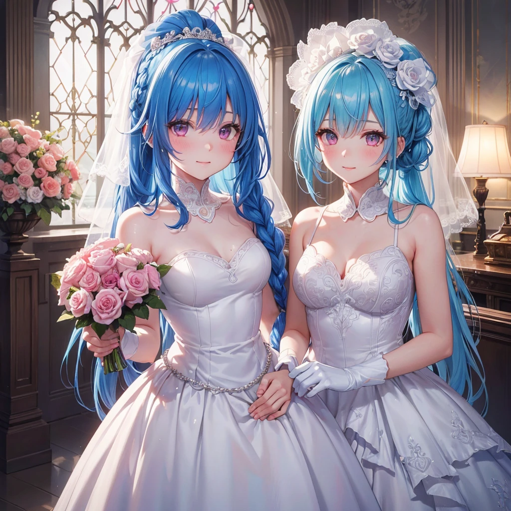 Sky blue hair, (Braided Ponytail),(Pink Eyes),Fair skin ,(whole body),(One girl),bride,A big smile,Straight bangs, 6月のbride,Wedding dress,(masterpiece, Highest quality, Very detailed, Best Shadow), (Detailed Background), (Beautifully detailed face), High Contrast, (Best lighting, Very delicate and beautiful), ((Cinematic Light)), colorful, Hyper Detail, Dramatic Light, Intricate details,Chapel background,Bouquet of roses