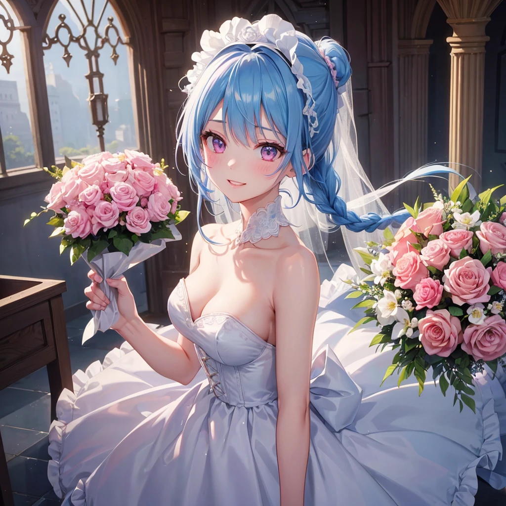Sky blue hair, (Braided Ponytail),(Pink Eyes),Fair skin ,(whole body),(One girl),bride,A big smile,Straight bangs, 6月のbride,Wedding dress,(masterpiece, Highest quality, Very detailed, Best Shadow), (Detailed Background), (Beautifully detailed face), High Contrast, (Best lighting, Very delicate and beautiful), ((Cinematic Light)), colorful, Hyper Detail, Dramatic Light, Intricate details,Chapel background,Bouquet of roses