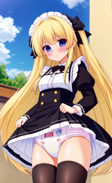 Beautiful long blonde　Girl in black maid outfit　Long sleeve　Shyness　diaper　Skirt lifted　Watery eye