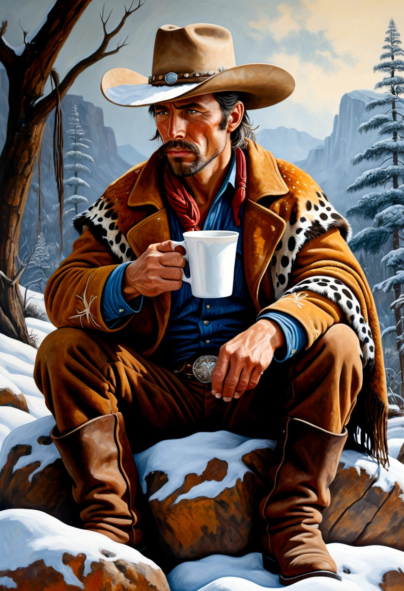 an expressionism style acrylic painting of the wild west era cowboy, jungle snow winter, holding a hot-drinking cup, sitting on a rock, covering body with animal skin, thirty degrees side view, breathing, epic realism, extremely detailed, 8k