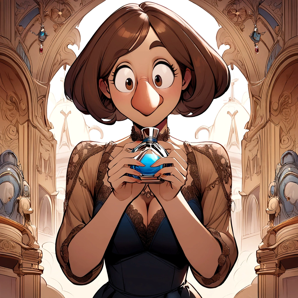 Create a Disney Pixar style character,brown haired woman big nose and thin holding a perfume in her hands 