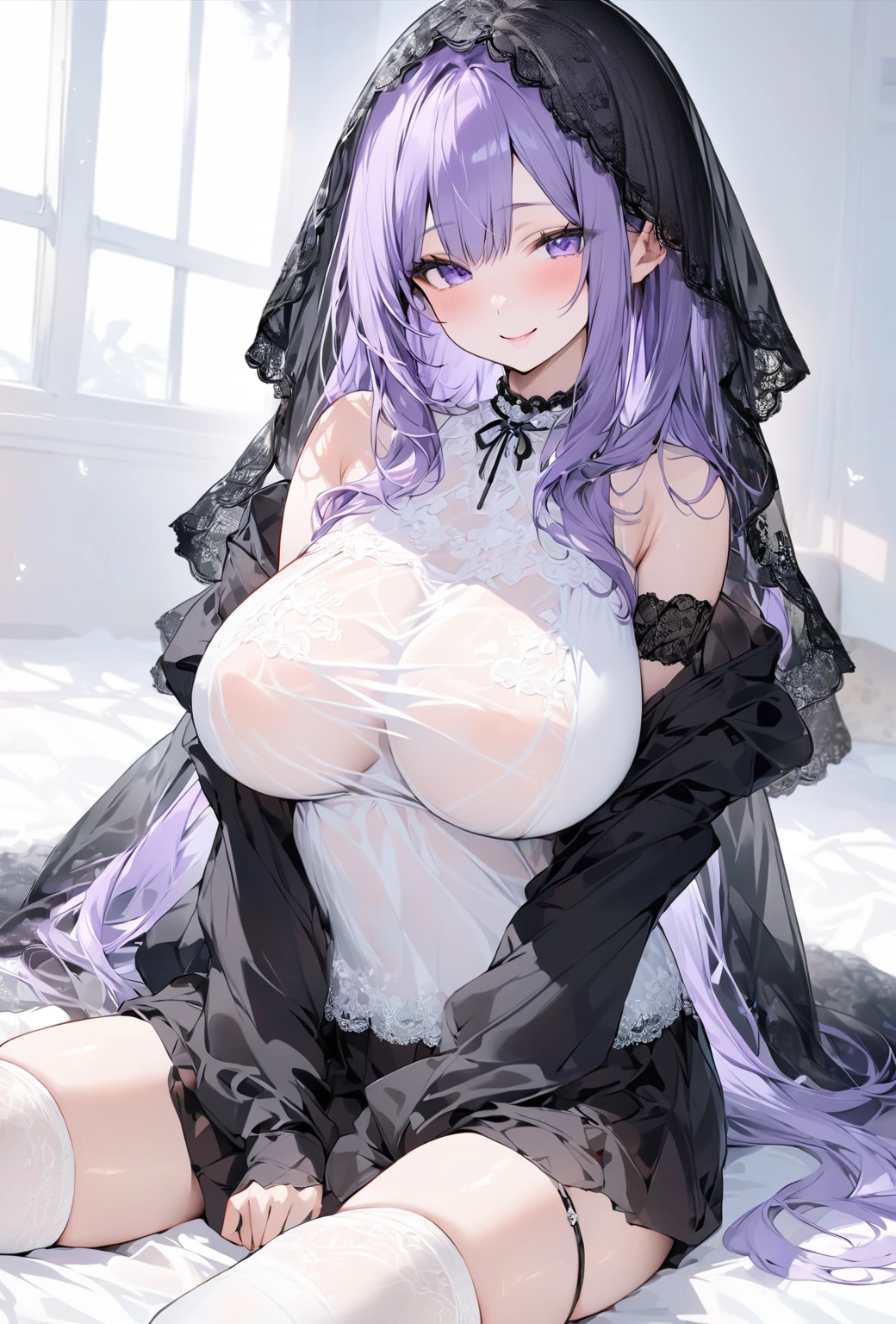 
((Highest quality)), ((masterpiece)), ((Very detailed)), A cute woman with purple hair and a height of about 165cm，A high school girl with a cute smile and ample breasts wearing a transparent black wavy top with a cute patterned hood that shows off her shoulders, 顔が若干縦方向に長いbright笑顔の女性，Small Faced Woman，alone, Cute attitude,(background(bright)，Long Hair - Straight，Knee-high socks、A transparent white veil with a cute pattern and a hood with white off-the-shoulders，White wall、Sitting、Facing the viewer、縁に模様がある壁が1面のbackground