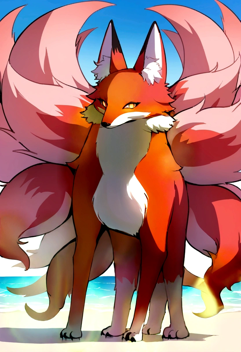 A giant red fox with 9 tails and 4 legs, whose tips are light pink. The tails are very fluffy and soft. The chest coat is light pink, as well as the tips of the paws. ao redor, a circle of small light pink flames. Ao fundo, a sunny beach.
