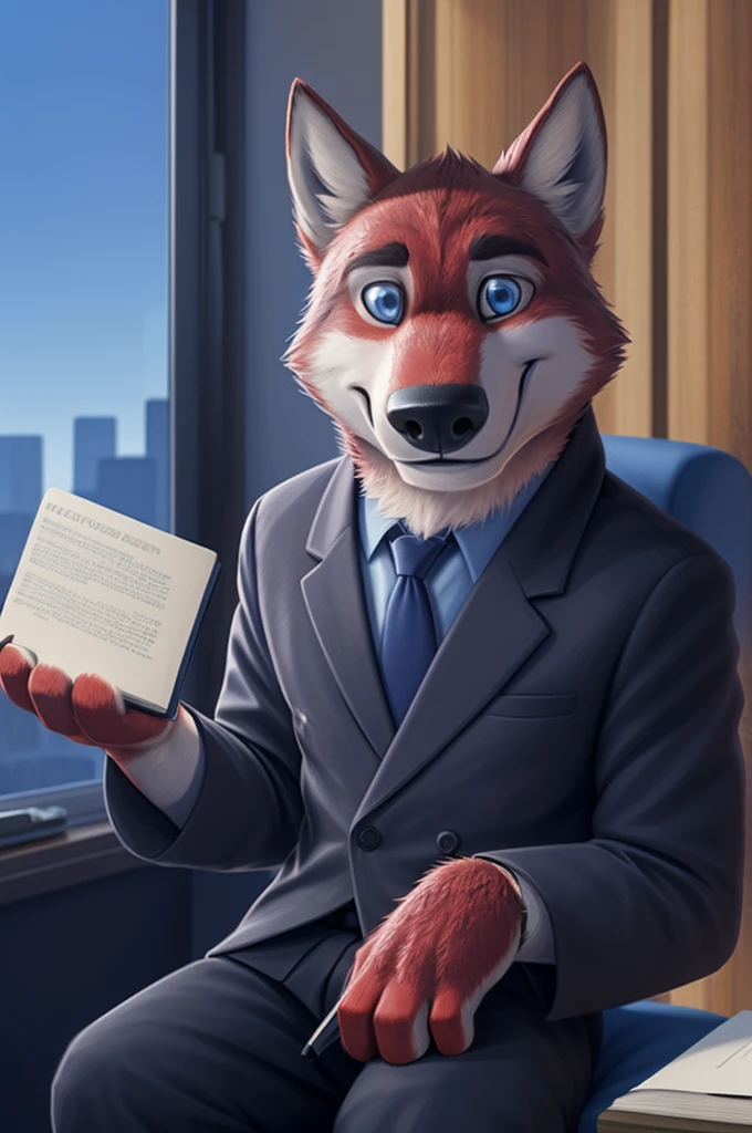 Ivan Fedorovich Wolfbach (Novosibirsk) ,tall handsome, wolf,young, 24 years, brown fur,Kind,(red body:1.3),beautiful blue eyes,Novosibirsk,dressed, shirt, black tie, trousers, wolf, detailed fur, male,paw pads, finger claws,At the viewer, 5 fingers, paws, 5 fingers, smile, wrist watch, т nextel,by xenoforge, (difficult, high detail, digital photography, soft focus, RAW variety вкдущий передачи,Very close to the camera, variety,Novosibirsk, smile, good mood, positive, Very close to the camera, is sitting, poet of books, is sitting за компьютером столом, apartment, holding a pen,
Photorealism, realistic, digital style, Subsurface scattering,I look at the viewer,smdit writes a book, a glass of water, handle, paper,
masterpiece, Best quality, ultra realistic, 8 thousand.)