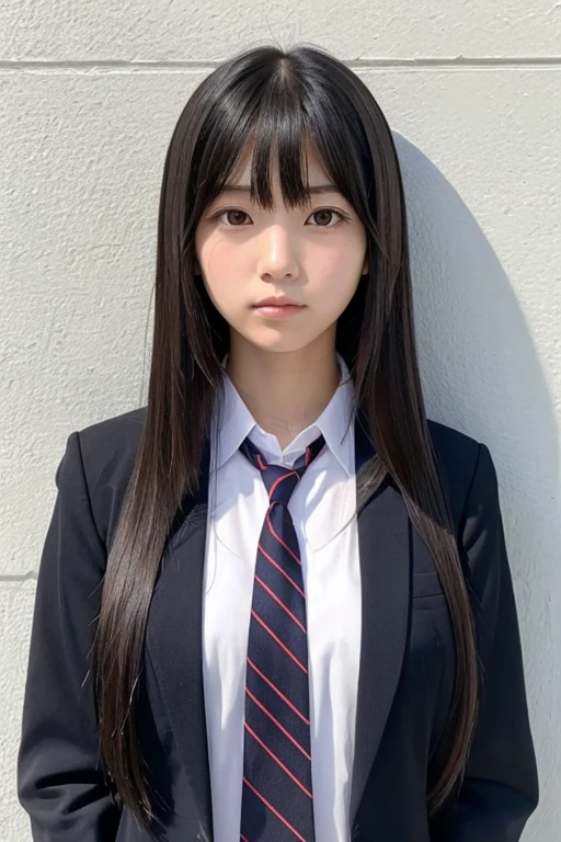 Japanese high school girl, black hair, neatly arranged long straight hair, bangs are arranged, standing erect, expressionless, , in front of the wall, neat, serious, honor student