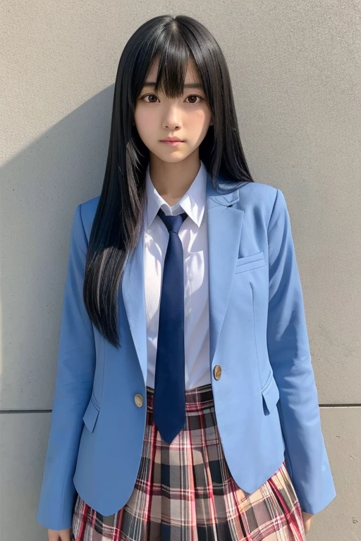 Japanese high school girl, black hair, neatly arranged long straight hair, bangs are arranged, standing erect, expressionless, , in front of the wall, neat, serious, honor student