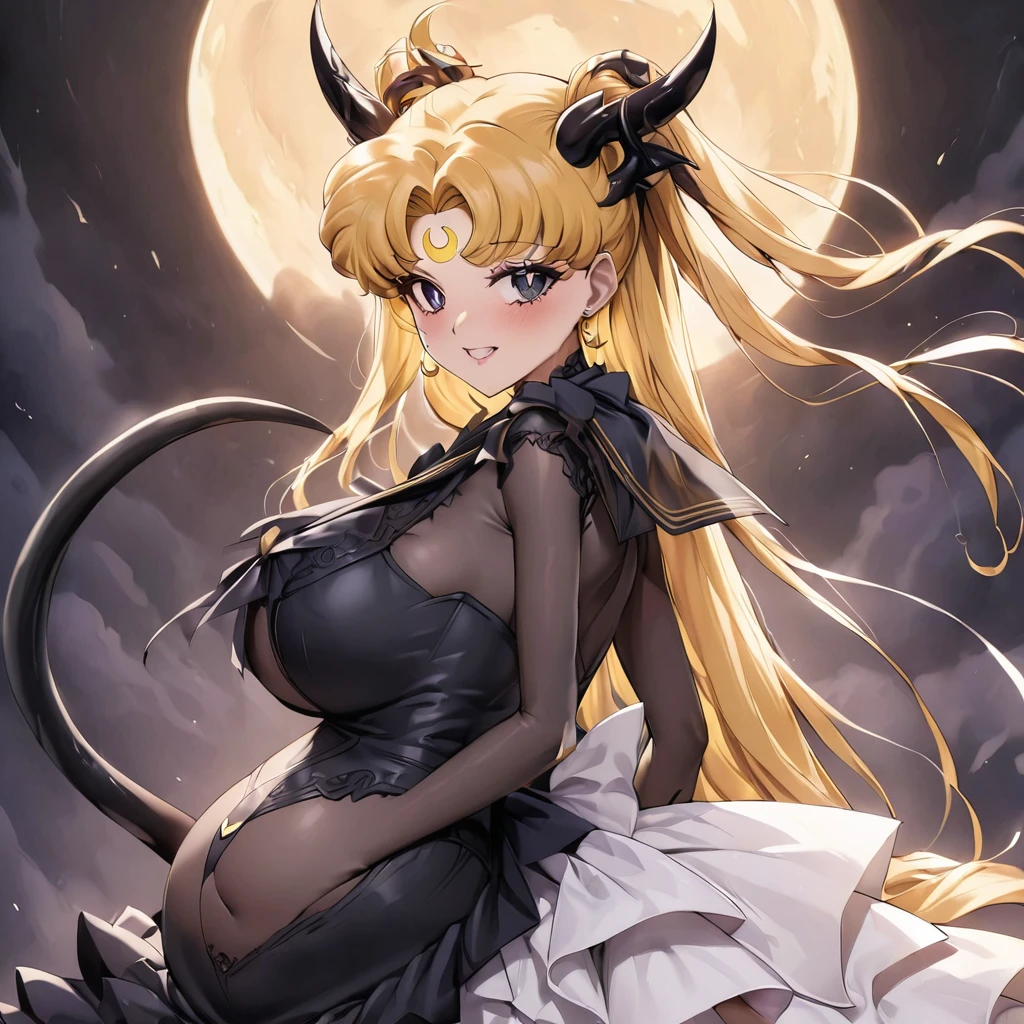((Highest quality)), ((masterpiece)), (detailed), (Perfect Face)、The woman is the bride of the Demon King, the Dark Queen of the Black Moon Clan, the Demon Queen Devil Sailor Moon, and the woman is a sexy female demon with jet black skin, Devil Sailor Moon.、The woman is a jet-black female demon with magnificent devil horns, jet-black devil wings, and a jet-black tail, her skin is jet-black, and she has a black inverted crescent moon mark on her forehead, and her gorgeous black skin is visible through her black see-through ta Gothic Victorian wedding dress, a black wedding veil, and a black see-through cape. She is a devil bride, a jet-black demon named Devil Sailor Moon, and has blonde hair, looking at the camera with a happy expression.2The expression of a girl in love with her long hair tied up、Woman is Devil Sailor Moon、the woman is pregnant