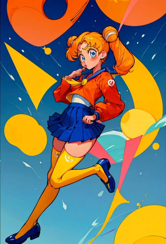 Serena Tsukino, kiko sailor suit, sailormoon dark blue sailor suit, sailor suit long sleeve shirt, Red tie, dark blue mini skirt, long yellow stockings, knee high stockings, white shoes heels, yellow hair two long tails