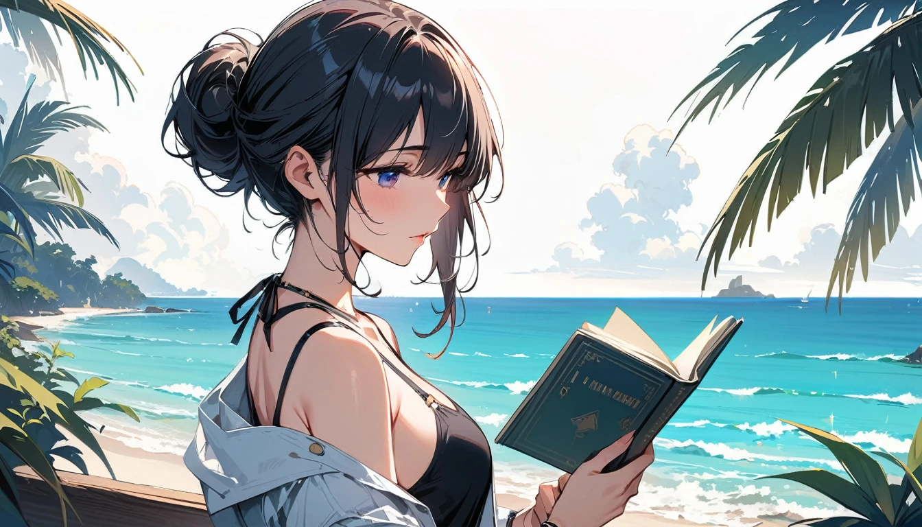 (masterpiece, Highest quality:1.2), 1 Girl, alone,Eyes open,I have a book,Tropical atmosphere,Ocean