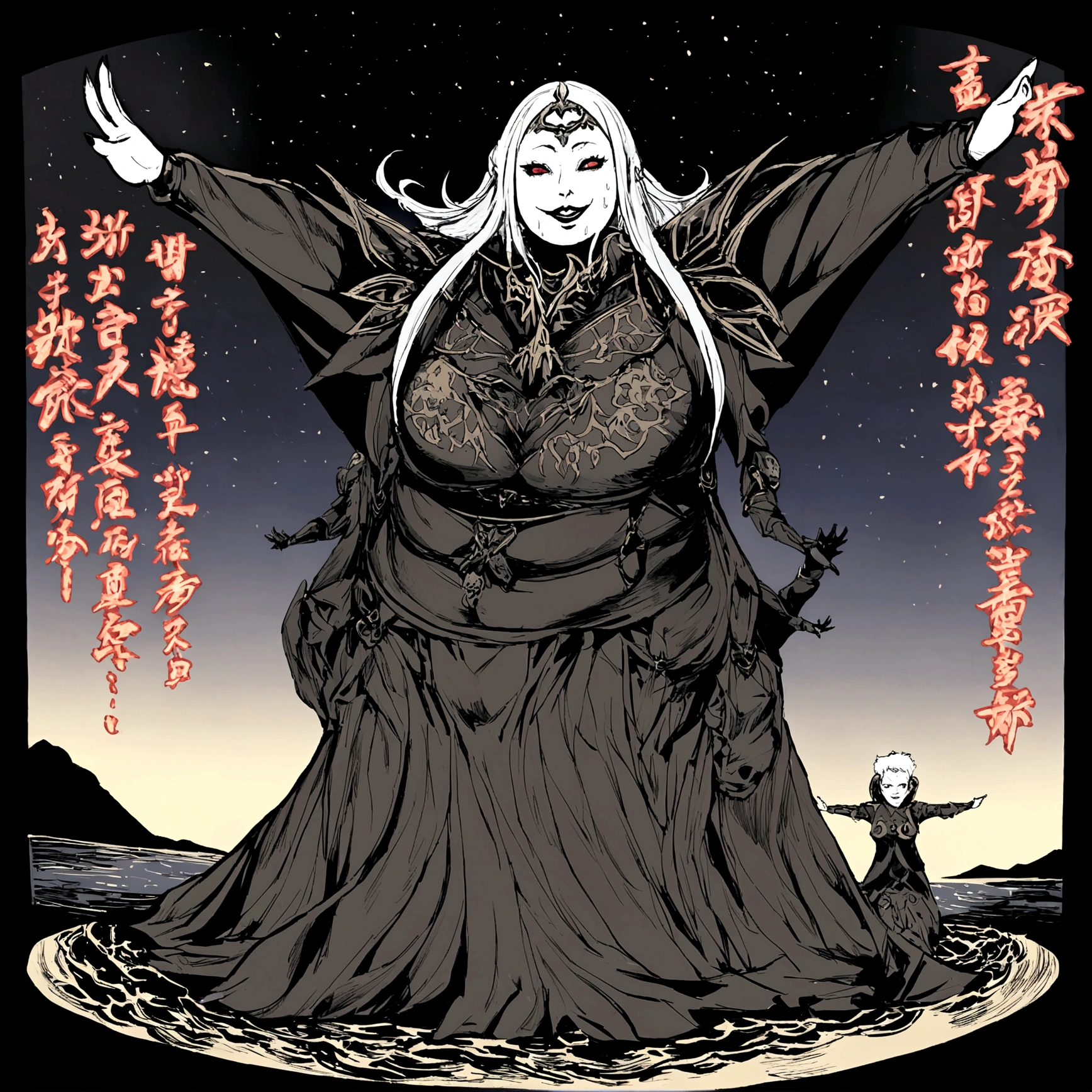 Câmera Angle from bottom to top, Full body image, african woman, open arms pose, face Contempt, evil smile, white hair short, full armor angelical fantasy, sweating, body a little fat, Hyper realistic night beach background, persona 5 niji style, Japanese writing on the edges with Shangri-La written on at the edges