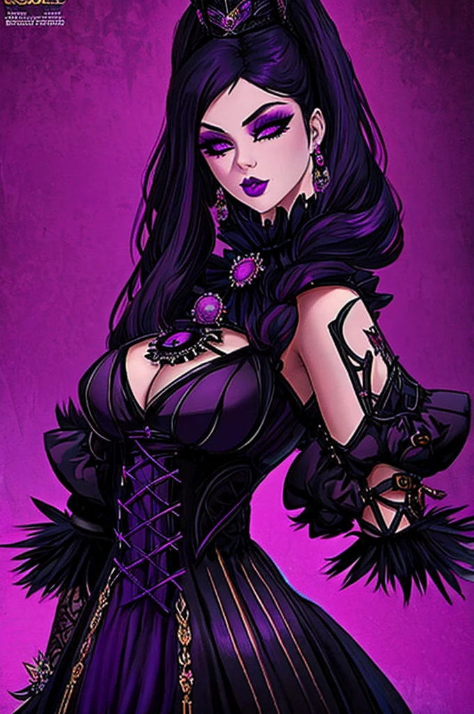 bright purple gothic background, gothic horror vibes, cosplay em Black Harley Queen, goth girl, goth woman, 1 7 - year - old goth girl,Gothcore, gotic girl, dark goth queen, gothic maiden, very beautiful goth top model, goth clown girl, gothic maiden of the dark, animation style