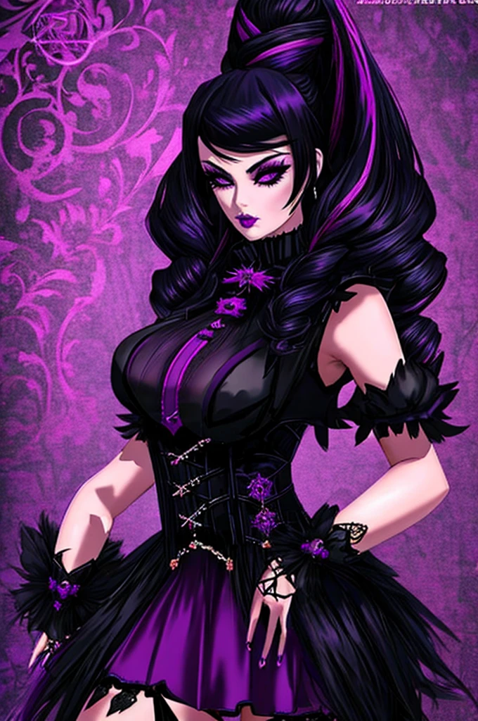 bright purple gothic background, gothic horror vibes, cosplay em Black Harley Queen, goth girl, goth woman, 1 7 - year - old goth girl,Gothcore, gotic girl, dark goth queen, gothic maiden, very beautiful goth top model, goth clown girl, gothic maiden of the dark, animation style