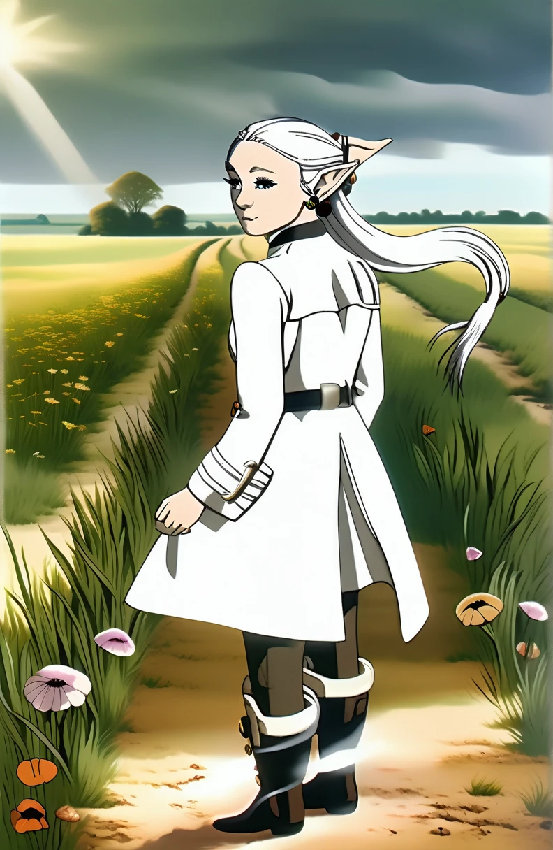 incredible quality, ultra detaild, work of art, movie poster. 1 imposing adult woman, confident and powerful but low, small stature, freeze, large, delicate, pointed elf ears, gray hair tied into neat twintails, greeneyes, elegant makeup, striking black mascara, subtly smoky eyeshadow, red drop-shaped earrings, Sophisticated cut white jacket with gold buttons and intricate dark yellow details, Striped shirt with black horizontal stripes, black leather belt with detailed silver buckle, white skirt with dark yellow ornaments, ending elegantly at the knee, black pantyhose, polished brown leather boots, walking gracefully on a dirt road with small loose stones that reflect the sunlight, In the background, a green field full of wildflowers of different colors, Blue sky with a few scattered white clouds, flower petalas voam like the wind, everything extremely detailed, each element captured precisely to create a visually stunning and captivating scene.