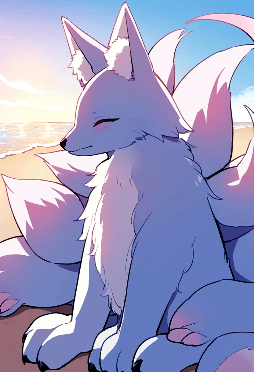 A giant pastel blue fox with 9 tails and 4 paws, whose tips are light pink. The tails are very fluffy and soft. The chest coat is light pink, as well as the tips of the paws. ao redor, a circle of small light pink flames. Ao fundo, a sunny beach.