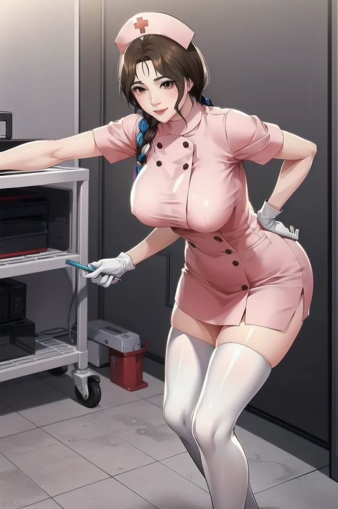 1woman, solo, nurse, nurse cap, white wear, ((white legwear, zettai ryouiki)), white gloves, long hair, purple hair, red eyes, pink lips, smile, standing, ((hospital room)), sharp outline, short sleeves, mature female, 35 years old, best quality, masterpiece