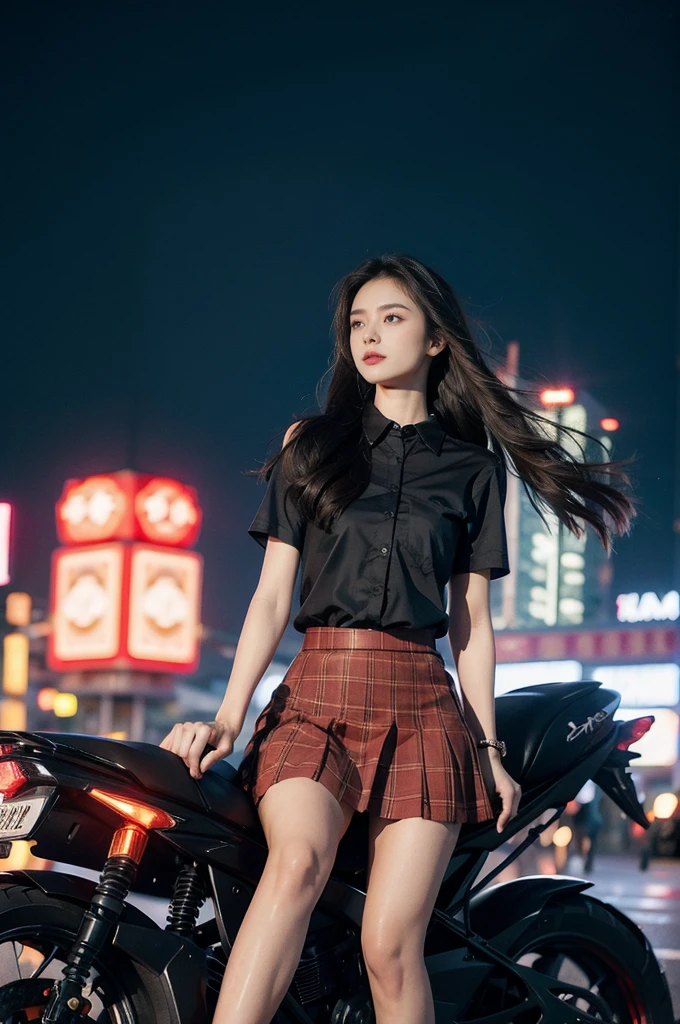 (((best quality))),(((ultra detailed))),(((masterpiece))),illustration,(1 beautiful girl,solo),((slim,thin)),((small breasts,flat chest)),(safety helmet:1.3),shoulder length straight hair,slender legs,cyberpunk, urban street,high school student, JK outfit,(riding on a motorcycle:1.3), sleek, (white collared short-sleeved shirt:1.3), (red checkered pleated skirt:1.3),(pantyhose:1.3), stylish boots, confidence, determination, dark streets, wind, hair blowing, neon lights, skyscrapers, urban noises, traffic, sirens, city sounds, futuristic, dystopian society, technology, fashion, explosive cocktail, style, , modernity, attitude, spirit, anything is possible,from front