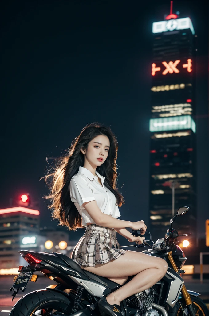 (((best quality))),(((ultra detailed))),(((masterpiece))),illustration,(1 beautiful girl,solo),((slim,thin)),((small breasts,flat chest)),(safety helmet:1.3),shoulder length straight hair,slender legs,cyberpunk, urban street,high school student, JK outfit,(riding on a motorcycle:1.3), sleek, (white collared short-sleeved shirt:1.3), (red checkered pleated skirt:1.3),(pantyhose:1.3), stylish boots, confidence, determination, dark streets, wind, hair blowing, neon lights, skyscrapers, urban noises, traffic, sirens, city sounds, futuristic, dystopian society, technology, fashion, explosive cocktail, style, , modernity, attitude, spirit, anything is possible,from front
