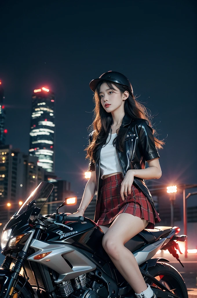 (((best quality))),(((ultra detailed))),(((masterpiece))),illustration,(1 beautiful girl,solo),((slim,thin)),((small breasts,flat chest)),(safety helmet:1.3),shoulder length straight hair,slender legs,cyberpunk, urban street,high school student, JK outfit,(riding on a motorcycle:1.3), sleek, (white collared short-sleeved shirt:1.3), (red checkered pleated skirt:1.3),(pantyhose:1.3), stylish boots, confidence, determination, dark streets, wind, hair blowing, neon lights, skyscrapers, urban noises, traffic, sirens, city sounds, futuristic, dystopian society, technology, fashion, explosive cocktail, style, , modernity, attitude, spirit, anything is possible,from front