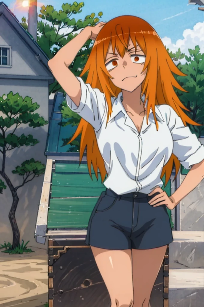 best quality, masterpiece, high resolution, solo, gamo chan from the anime ijiranaide nagatoro san, voluptuous body, curves, thighs, breasts, orange eyes, orange hair, black shorts, loose long t-shirt, beach, sunset,