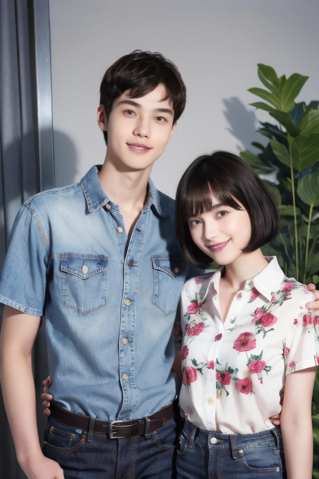 251 (An 18-year-old female and an 18-year-old male), (short hair),kind, lipstick, (jeans), (FloralTshirt), smile