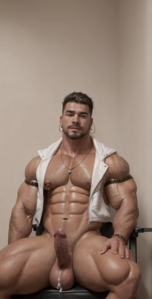(masterpiece, intricately detailed, highest resolution, best quality:1.2), (doujin), a cocky German wwe star,a 24 y.o muscle stud with a muscular physique sitting on a chair with black eyes,dark-skinned male, wearing a ((open jacket, chav, armbands, nipple rings)), (excessive cum), (cum on body), (cum drip), flaccid penis,saggy balls,hairy chest,vascular,muscle striations,soft light,fantastic realism,