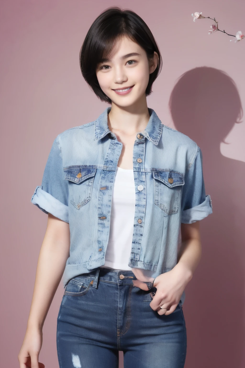 251 (An 18-year-old female and an 18-year-old male), (short hair),kind, lipstick, (jeans), (FloralＴshirt), smile