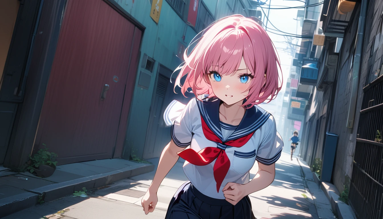(Fit Body:1.1),(glistening skin:1.1),(pale skin:1.1),(Best Picture Quality, 8K, Masterpiece:1.3),(high school student:1.5), (pink medium hair), (bob cut), (slant skyblue eyes), (city alley Setting), Professional Lighting, Very Detailed Skin And Hair, (running:1.3), (serafuku:1.3), beguiling expression, (super clear:1.5),(looking side:1.3),(side angle:1.3)