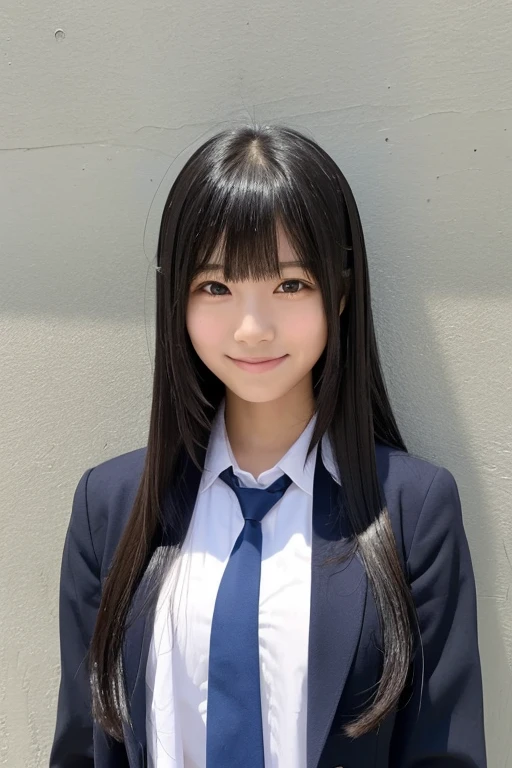 Japanese high school girl, black hair, neatly arranged long straight hair, bangs are arranged, standing erect, smiling, , in front of the wall, neat, serious, honor student