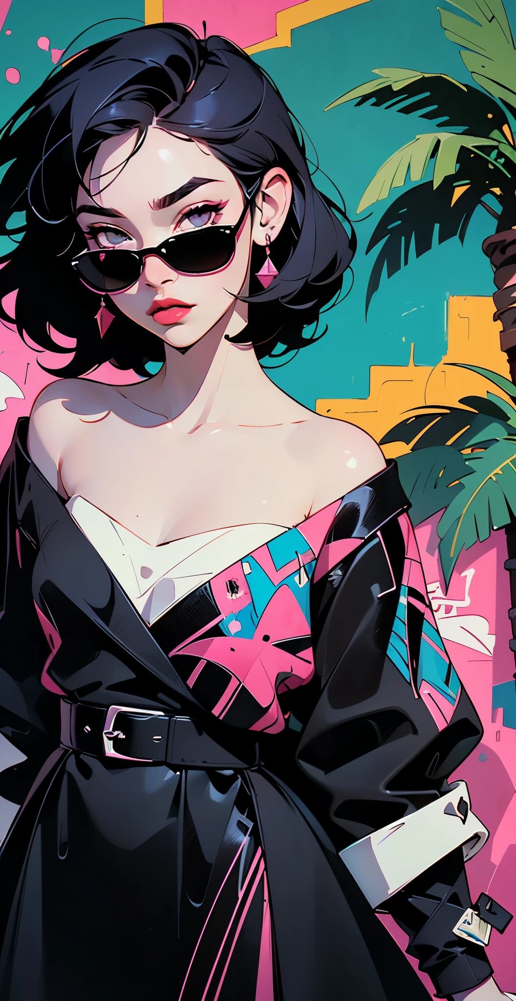 ((Lisa Black Pink)) in a dress standing in front of simple background, up close, ((Art style by Patrick Nagel)), ((8k, wallpaper, detailed)), dark sunglasses, korean pop-star, black hair, pretty hands, fringe, simple red background, palm trees, (graffiti wall:1.2), strong, courageous, art by Patrick Nagel, album art cover