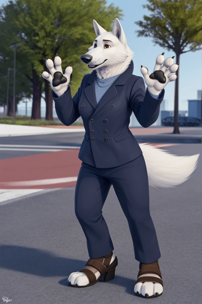 Barbara\(Moscow\), (white body:1.3), white fur, Brown eyes, Moscow, dressed, black jacket,trousers,blue,brown open heel sandals, canine, wolf, Detailed fur, Female, breast, antro, paw pads, finger claws, waving, waving at viewer, 5 fingers, paws, 4 toes,ring, 
BREAK from nextel, for dating, by xenoforge, (difficult, high detail, film photography, soft focus, RAW сидит,
Photorealism, realistic, photorealistic, digital style, Subsurface scattering,
masterpiece, Best quality, ultra realistic, 8 k)