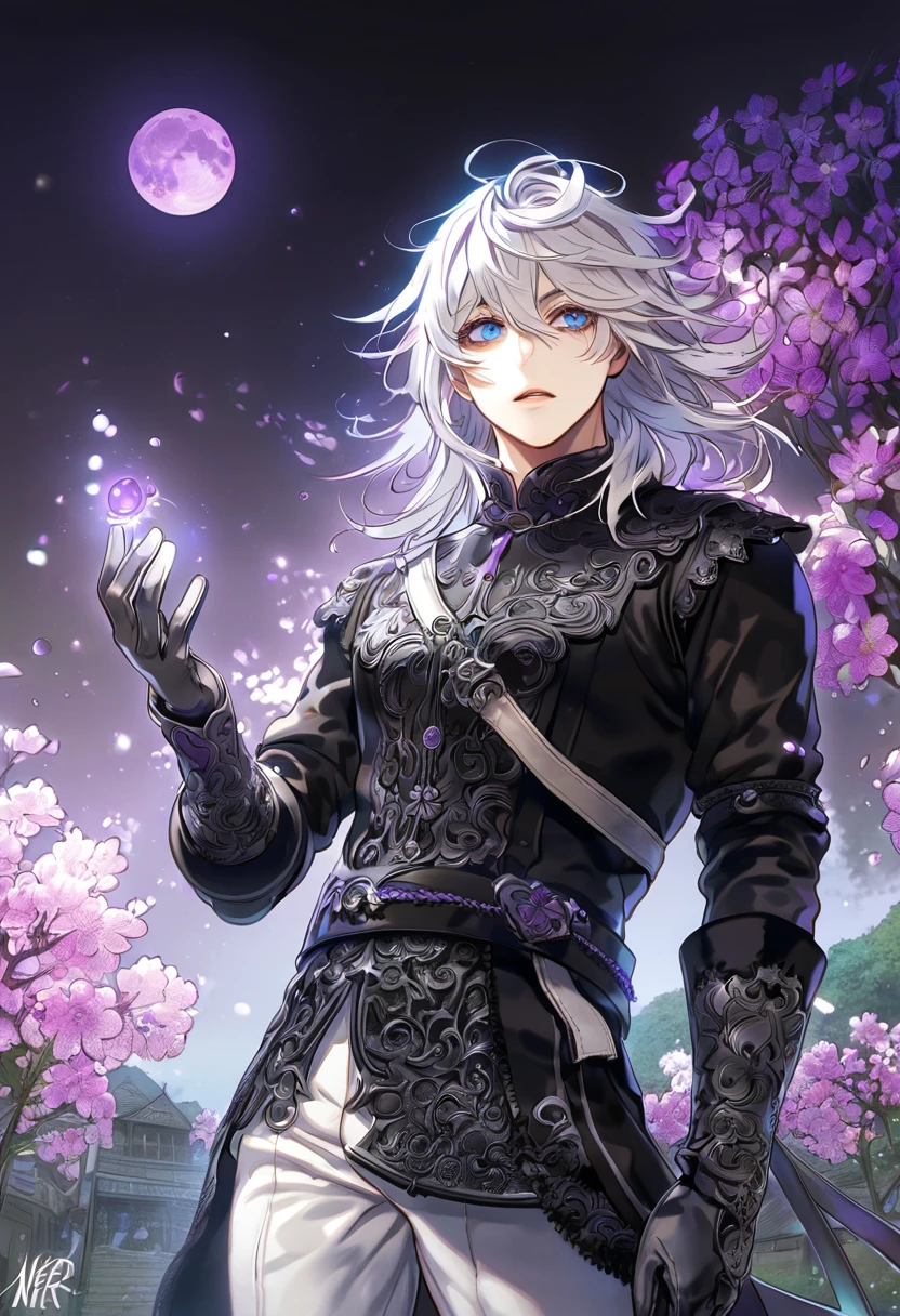 absurdres, highres, ultra detailed, HDR, master piece, best quality, Nier, white hair, medium hair, messy hair, expressive blue eyes, Nier Replicant, solo, sexy man, handsome, black clothes, silver gloves, white pants, fantasy, purple moon, purple flowers, purple blossoms, purple petals, fireflies