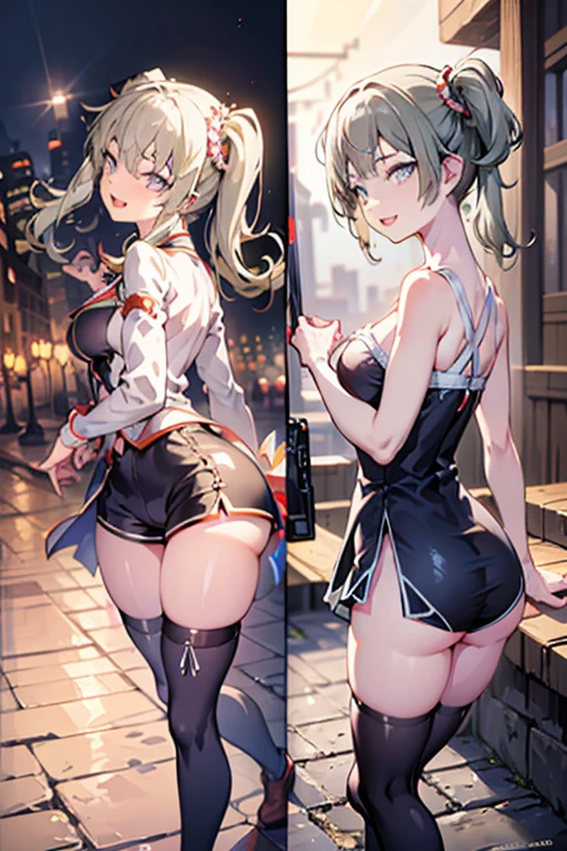 (dynamic angle:1.3, front view:1.1, breast focus:1.3, from below:1.1), (dynamic posing:1.2, sexy posing:1.2), (seductive smiling:1.3), highest quality、(real、photorealistic:1.4),(ultra high resolution, 8K RAW photo, clear focus), best qualtiy, natural lighting, field depth, (Bright pupils, detailed beautiful blue eyes, high detailed face), (tight focus:1.2), a girl 28yo old, Thicc, thin breast, long hair, blue eyes,garter stocking, cleavage:1.2, midriff, black shorts, black thighhighs, thigh strap, pretty girl, (highly detailed beautiful face and eyes,firm breasts),real skin,((black,hair,long pony tail hair)),thin pubic hair,cute,lovely, detailed eyes,(double breasted:1.0,under bust:1.0),(with sparkling eyes and a contagious smile),soft open mouth, Looking at Viewer,