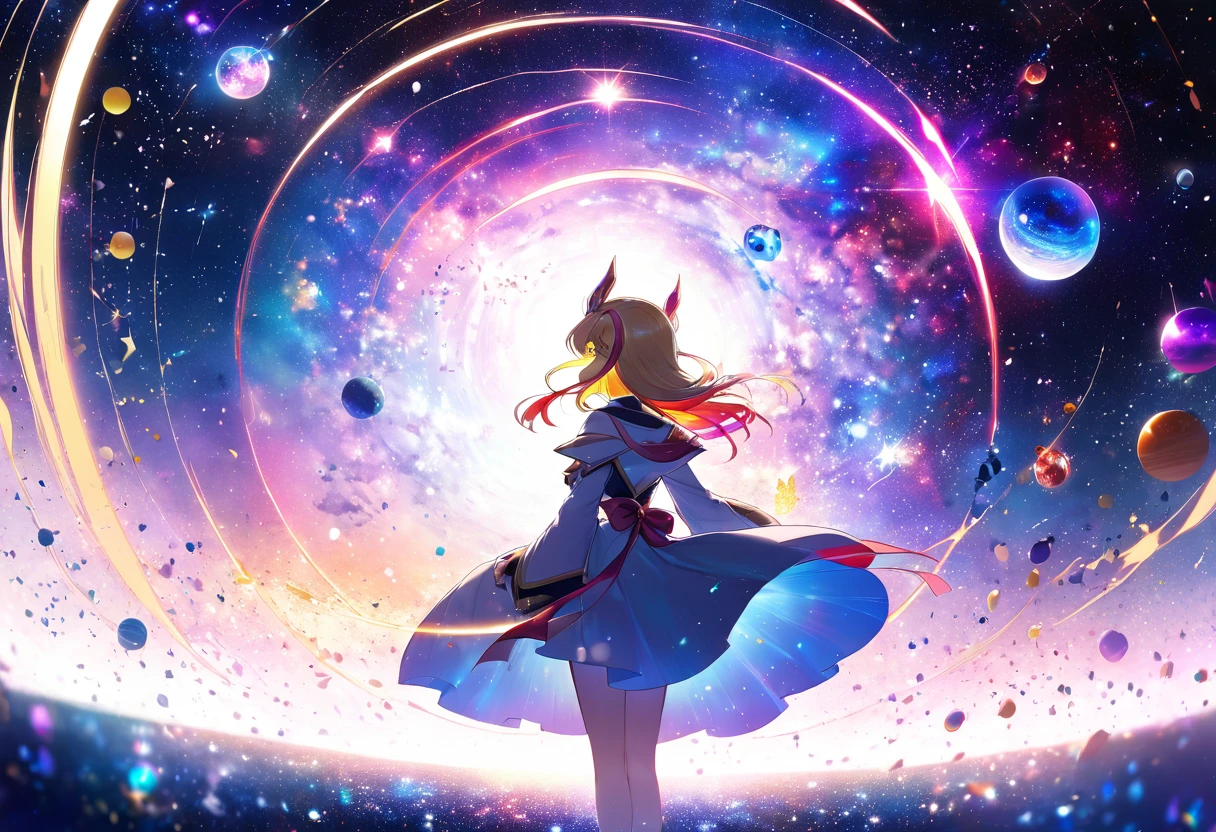 (((zoom out))),8k,((Highest quality)),((high-res)),((shot from behind)),universe,She stands front of a magical world ,colorful theme,thank you!