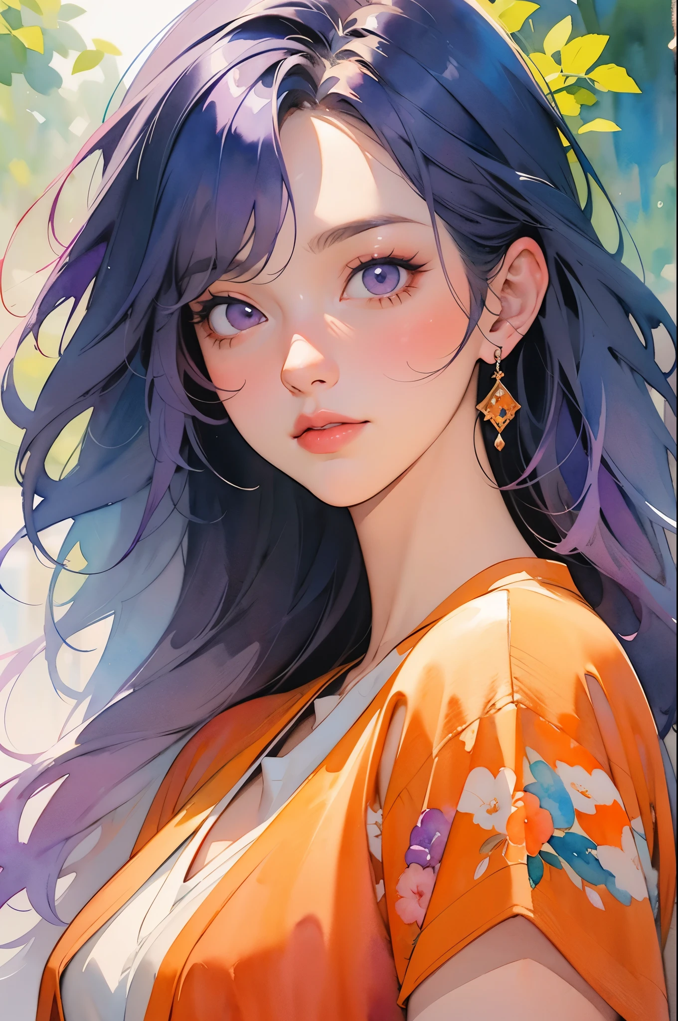 ((watercolor painting)) of a woman with purple hair and a orange dress, beautiful character painting, watercolor detailed art, in the art style of bowater, beautiful anime portrait, watercolor colored painting, alice x. zhang, detailed watercolor painting, masterful detailed watercolor, princess portrait, highly detailed exquisite fanart, watercolor artstyle, watercolor painting style, detailed color portrait, beautiful anime art style