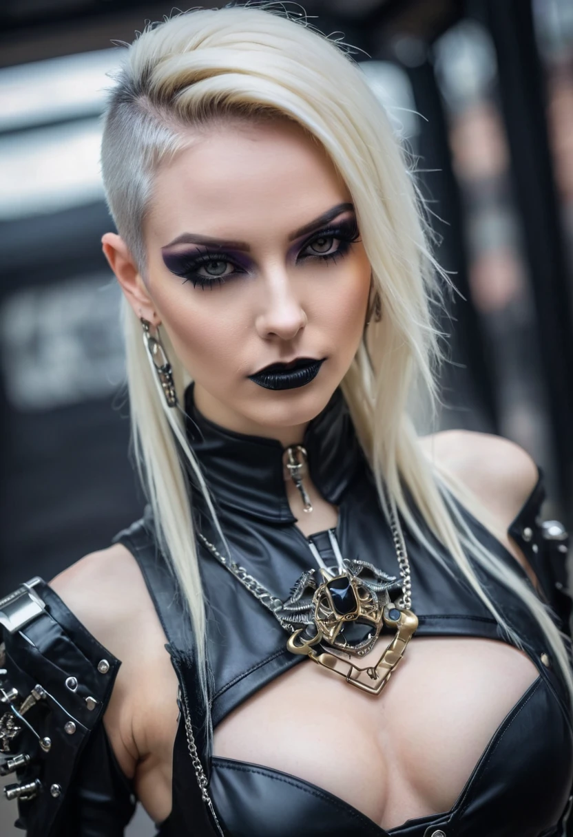 close-up photo of a woman in black open femdom clothes, full body shot, edgy and bold hairstyle, blond hair, crop top, hotpants, Metal jewelry, Dynamic posture, handsome body, slim figure, small breasts, seductive cyberpunk dark fantasy, Sensual, Gloomy style, dark fantasy mixed with realism, goth girl, dominatrix in play, femdom in play, mistress, seductive, very beautiful goth top model, gothic horror vibes, The Queen of Dark Gothic, Gothic atmosphere, goth woman, Awesome and gloomy, ornamental gothic - cyberpunk, Gothic - Cyberpunk,