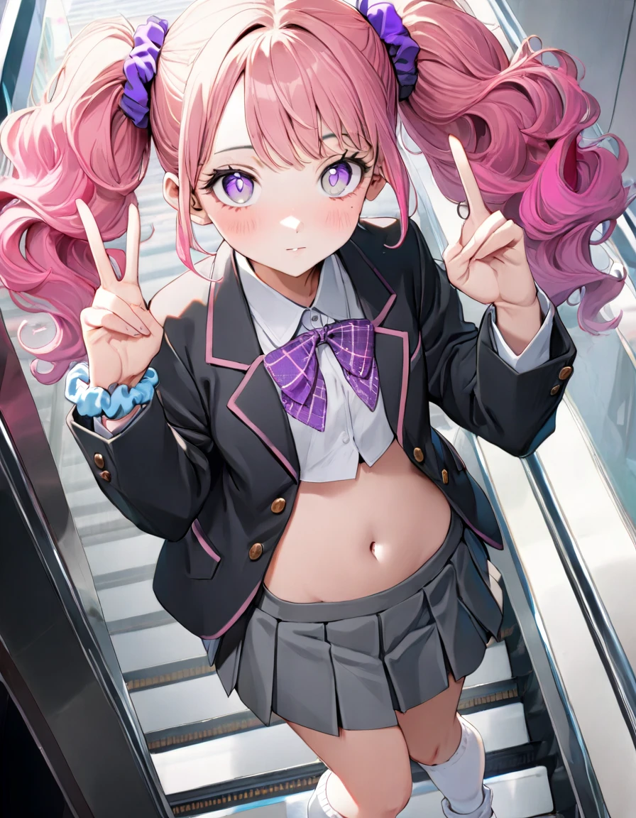(8K, best quality, master piece: 1.2), super high resolution,1 girl,16yo,solo,1ultra-detailed face,detailed eyes,perfect hands, perfect fingers,sparkling pupils,Mascara,Bubblegum Pink hair,natural wave hair,twintails,amethyst Eyes,((loose white socks)),(scrunchie,blazer,Short pleated skirt),(gray:1.5),navel,polka-dot pattern bow tie,smaile,medium breasts,(making a peace sign),リムライト,standing on a down escalator,Look at Viewer