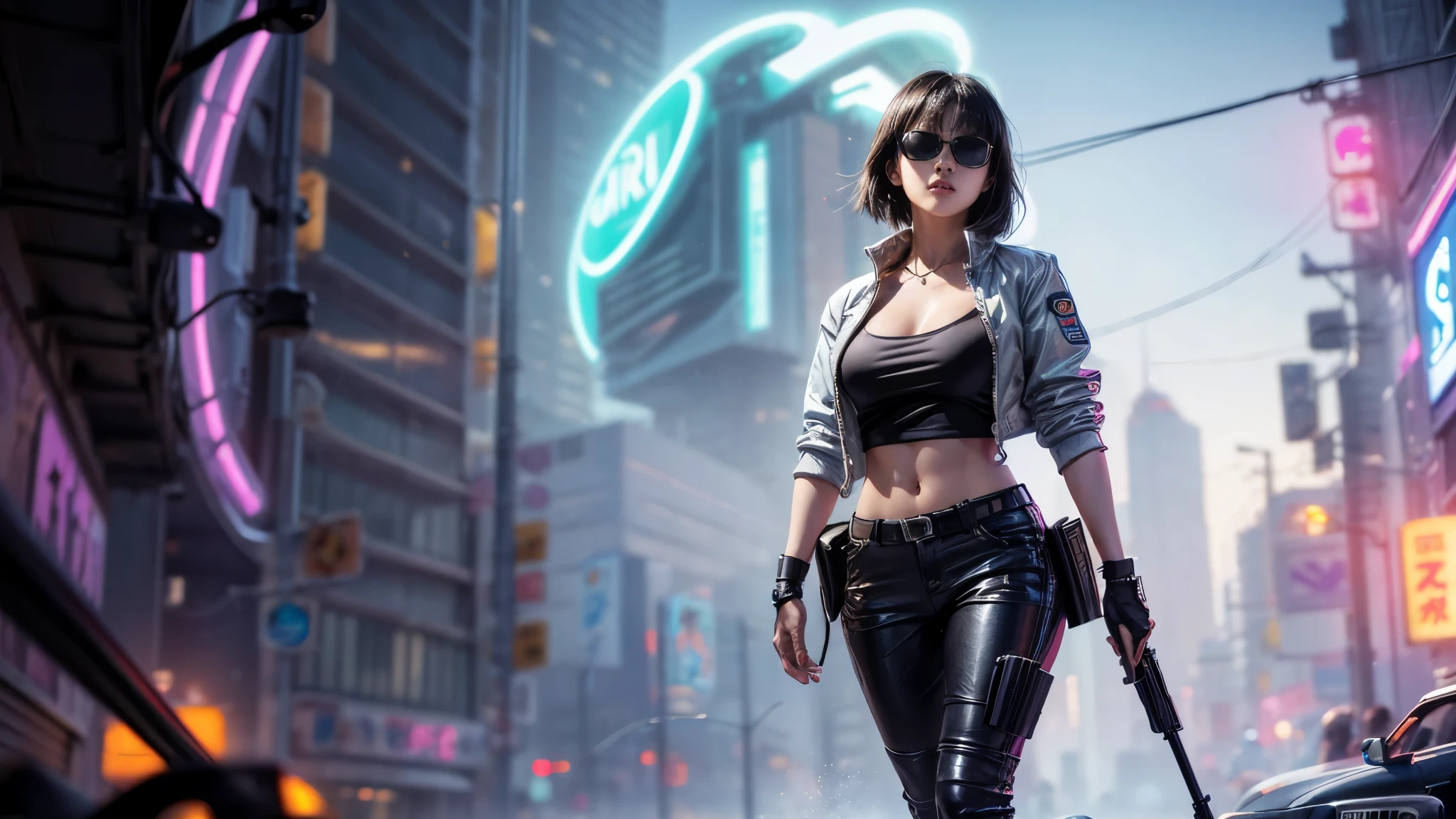 ８k, Realistic Skin Texture, Realistic Photo, Neo Tokyo, slim Japanese women, large-breast:1.3 cleavage, ＡＤ2050 at night, Dirty hunting jacket, Wearing multiple shirts, (((black sunglasses, automatic rifle, sneakers, cold, shooting pose))), Innovative composition, revenge, An old 1966 Ford Bronco that looks out of place in a city, cyberpunk, blade runner worldview, Large neon sign, Geisha hologram sign, Strong Wakamoto Sign.