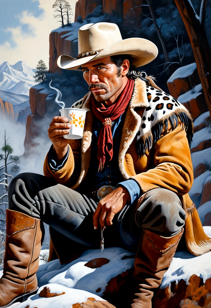 an acrylic painting of the wild west era cowboy, jungle snow winter, holding a hot-drinking cup, sitting on a rock, covering body with animal skin, thirty degrees side view, breathing, epic realism, extremely detailed, 8k, expressionism style, (brush stroke 0.8)