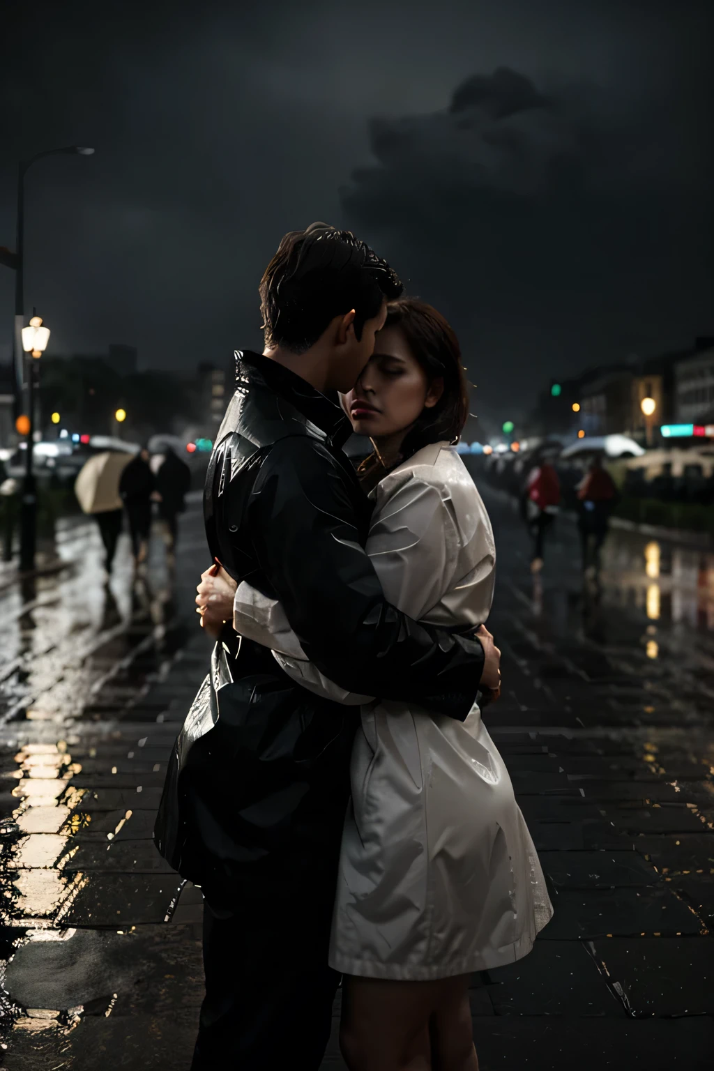 two people under the huge rain hugging each other, in the background a city, melancholic style