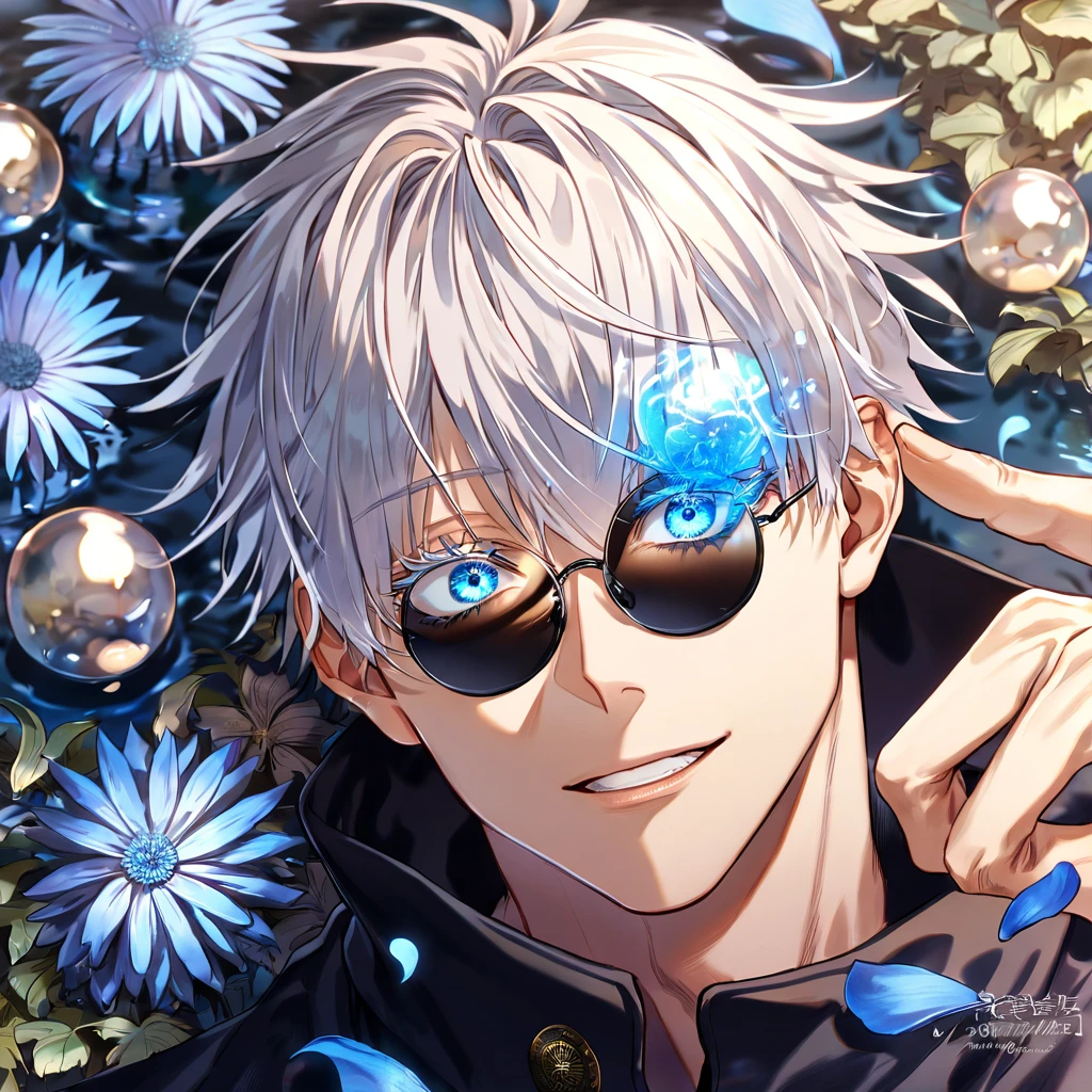 absurdres, highres, ultra detailed, HDR, master piece, Gojou Satoru, white hair with bangs, white eyelashes, expressive blue eyes, hair between the eyes, black shirt, Jujutsu Kaisen, man, handsome, best quality, blue moon, flowers, fantasy, magical, solo, water, blue shining fireflies, blue petals, Jujutsu Kaisen uniform, black round sunglasses, handsome smile,