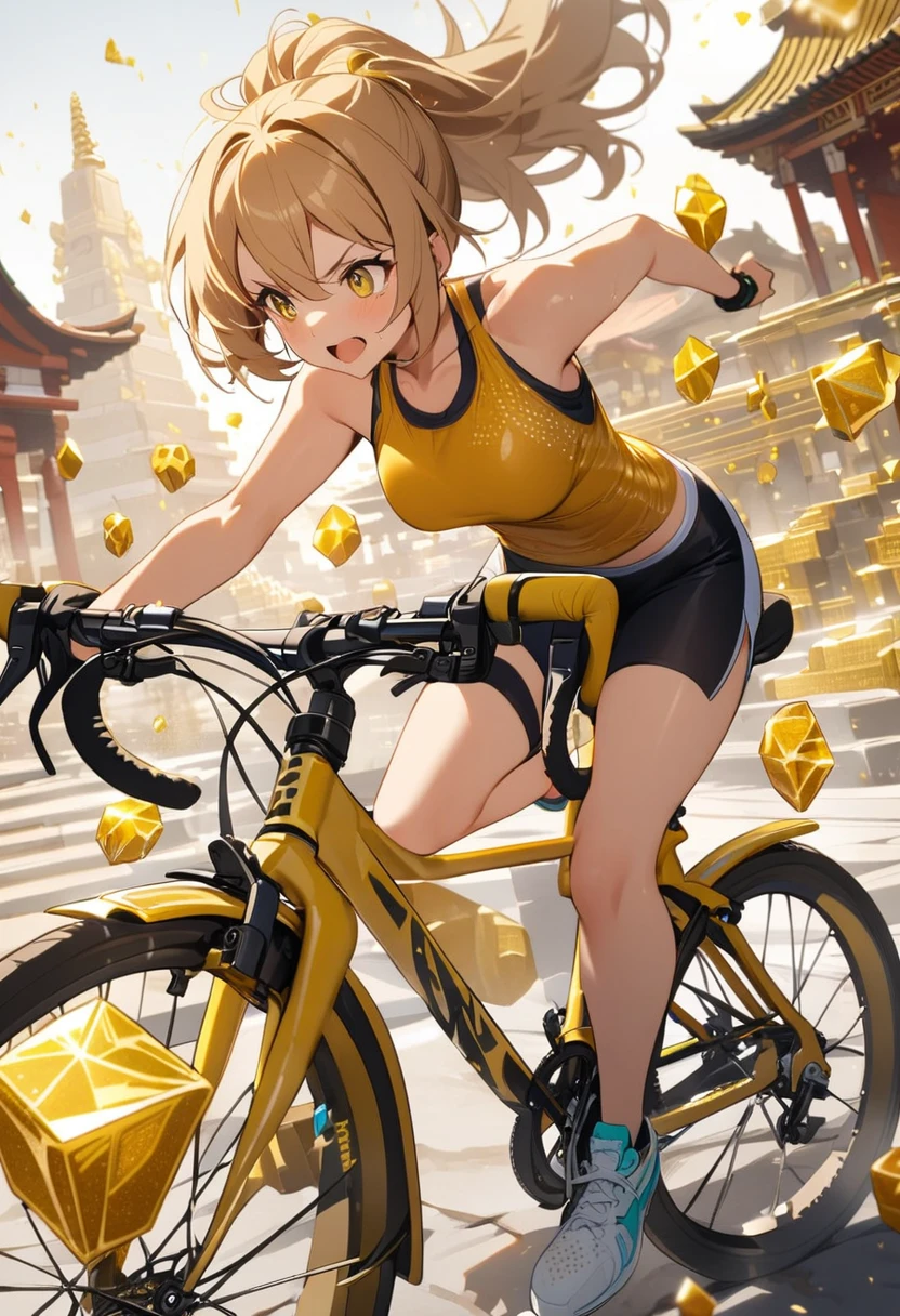 a girl rides a bicycle, in running shorts, short shorts, Temple Composed of golden cubic stones.