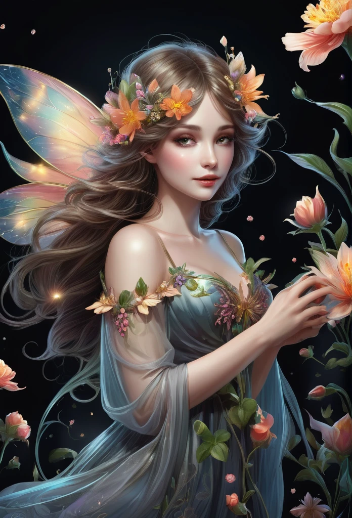 there's a fairy,she holding a beautiful flower, she's levitating,big beautiful flowers around her,pitch black background,(high quality),(refined details),(delicate details),(fantasy illustration)