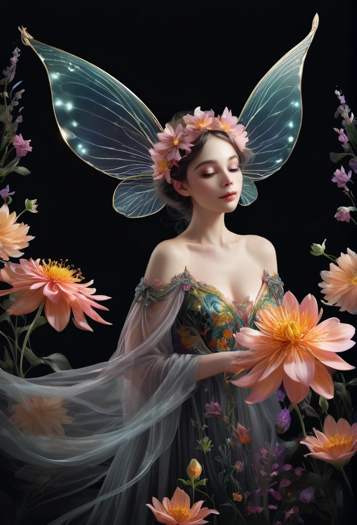 there's a fairy,she holding a beautiful flower, she's levitating,big beautiful flowers around her,pitch black background,(high quality),(refined details),(delicate details),(fantasy illustration)