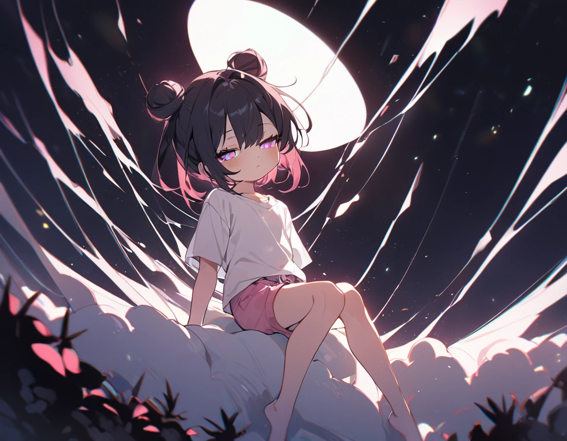 1 girl,short stature,black-hair,double-buns,lightcoral-eyes,half-closed-eyes,flat-chest, thin white t-shirt,pink_short_shorts,full_body,