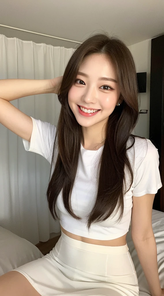 White tight skinny shirt、White tight skinny mini skirt、bed、smile、Short sleeve、high resolution、Korean idol face、double eyelid、White teeth、Medium Hair