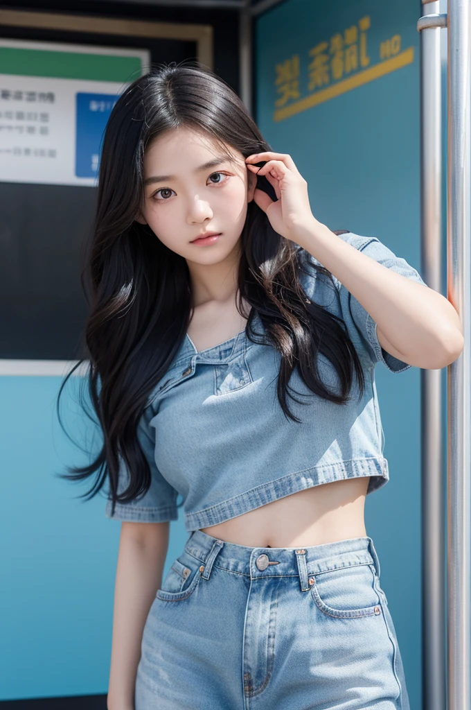 a Taiwan 14 years old junior high school girl wearing a cropped top and jeans standing in front of the bus stop, in the style of Oleg Oprisco, video, Jocelyn Hobbie, soft, muted tones, close up, wavy, Nick Knight --ar 36:55 --stylize 750 --v 6