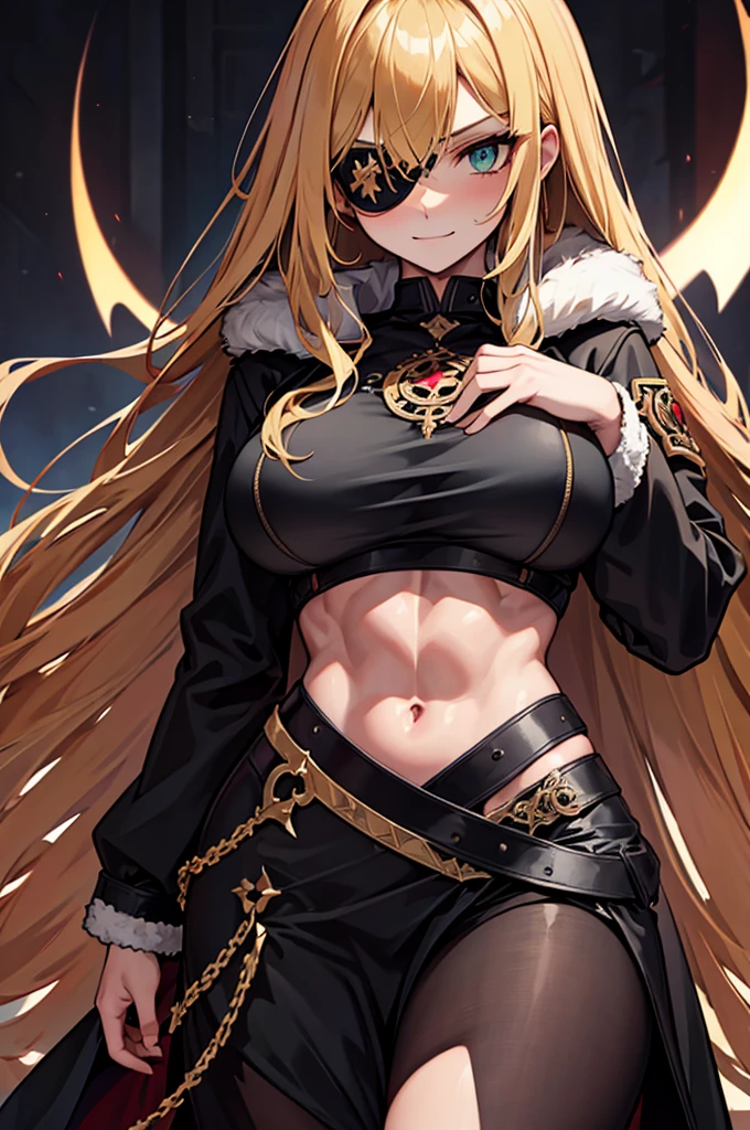 ((masterpiece)), ((best quality)), 1girl, adult, long hair, big bust, ((blonde hair)), very long blonde hair, ((intimidant look)), ((close-up)), profile image, green eyes, black and red clothes, sexy, dark colors, brillant eyes, ((coat with fur)), ((wavy hair)), exposed skin, ((sexy pose)), ((intimidant look)), good anatomy, ((dark sage clothes)), ((straight cut bangs)), emotionless, intimidant, ((beautiful eyes)), dark background, close up, ((detailed eyes)), beautiful eyes, ((detailed face)), hair bang, frontal look, evil, relaxed, smile, magical goddess othinus, abs, detailed face, eyepatch, huge tits, full body, ((detailed))